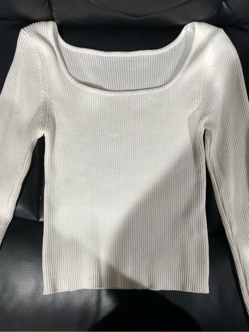 White Ribbed Square Neck Long Sleeve Top